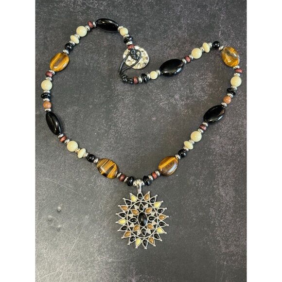 Chaps Tiger Eye Brown Stone & Glass Beaded Pendant Necklace 16" - Picture 4 of 8